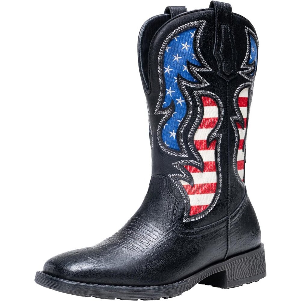 Men's Black 1 Western Boot Side Zipper American Flag Retro Square Toe Mid-Calf